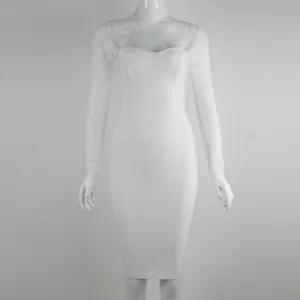 Front view of white bandage dress featuring lace long sleeves and halter neck