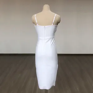 Detailed back view of a white spaghetti strap bodycon midi dress on a mannequin