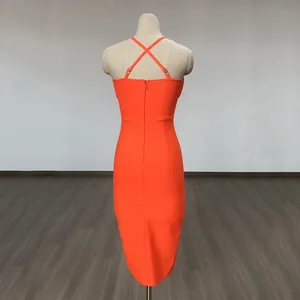 Back view of orange bodycon midi dress with elegant cross back straps design