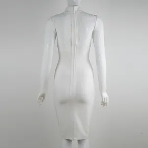 Detailed back view of an elegant white lace long sleeve bandage evening dress with zipper