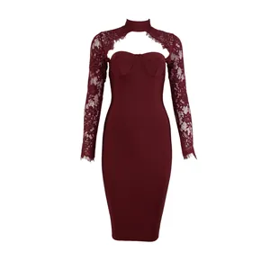 Elegant burgundy bodycon bandage dress with long lace sleeves and a choker neck detail.