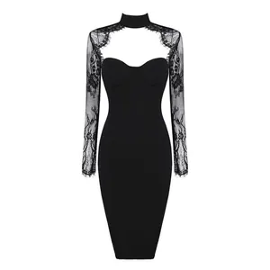 Elegant black lace long sleeve bodycon dress with choker neck and cut-out detail