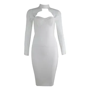 Sexy white lace bandage midi dress featuring a choker neck and sweetheart bustier