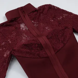 Macro view of burgundy floral lace texture and back zipper on elegant bandage dress