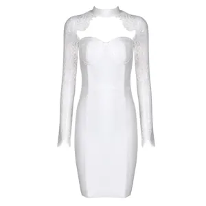 Elegant white lace long sleeve bandage bodycon dress with choker neckline for evening party