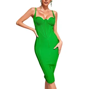 Sexy green bandage bodycon dress featuring a corset-style bodice and thin straps