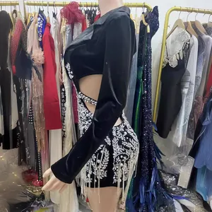 Elegant black long sleeve backless suit mini dress with rhinestones and tassels for party