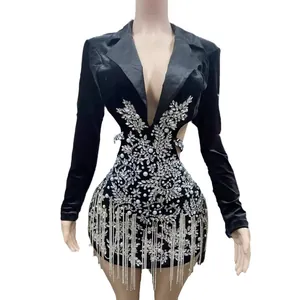 Elegant black backless blazer dress with intricate rhinestone fringe and tassels for parties