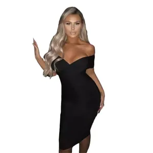 Elegant black off-the-shoulder bandage bodycon dress for women evening party wear