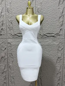 Elegant white sleeveless bodycon bandage dress with a deep V-neckline for party wear
