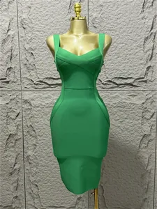 Detailed view of a vibrant green V-neck sleeveless bandage bodycon dress for parties