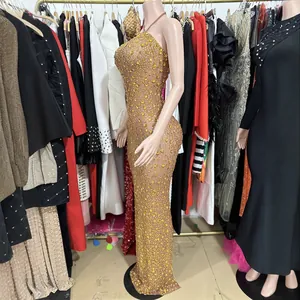 Elegant skin tone mesh long dress with sparkling rhinestones backless evening gown