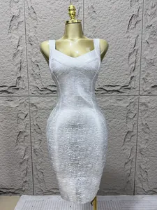 Detailed view of a silver metallic bandage dress featuring a sexy low-cut neckline.