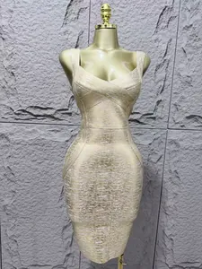 Close-up of gold foil textured sleeveless bandage bodycon party dress on mannequin