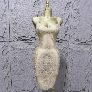 Elegant gold sleeveless bandage bodycon dress with sexy low-cut neckline for parties