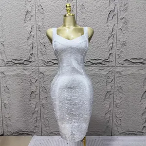 Sexy silver sleeveless bodycon bandage dress with shimmering finish for party wear