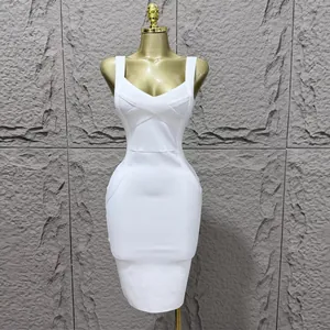 Sleeveless white bandage bodycon dress for sexy party wear displayed on gold mannequin
