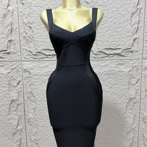 Elegant black sleeveless bodycon bandage dress with sexy low-cut neckline for party wear