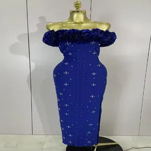 Elegant royal blue off-the-shoulder bandage dress with 3D flower and pearl details
