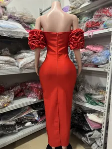Elegant red off-shoulder bodycon maxi dress with ruffled sleeves, back view detail