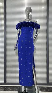 Elegant royal blue off-the-shoulder bodycon gown with floral neckline detail