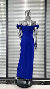 Rear view of an elegant royal blue off-shoulder bandage maxi dress with floral sleeves.