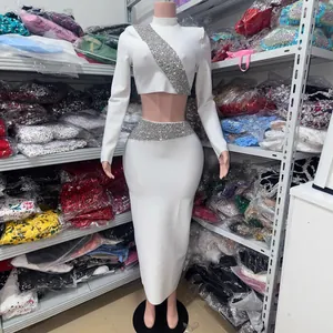 Women Sexy Long Sleeve Crop Top And Maxi Skirt Top And Bottom Rhinestone Embellished Slim Fit Elegant Club Party Outfit