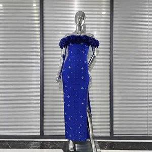 Elegant Off Shoulder 3D Flower Bandage Dress Sexy Bodycon Artificial Pearl Slit Maxi Party Evening Dress Polyester Gown
