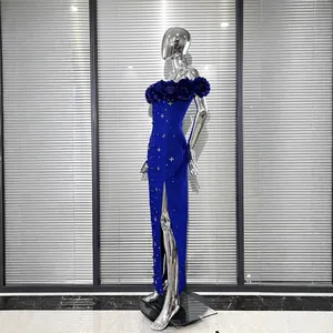 Royal blue off-shoulder bandage dress with 3D floral accents and high side slit