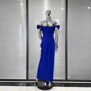 Royal blue off-the-shoulder bodycon maxi dress with flower sleeve details for parties