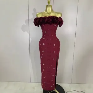 Elegant off-shoulder burgundy bandage dress with 3D fabric flowers and pearl accents