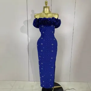 Elegant royal blue off-the-shoulder bandage dress with 3D flowers and pearl accents.
