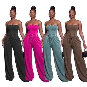 Women Washed Tube Top Jumpsuit Wide Leg Pants Strapless Elastic Waist Cargo Pocket Casual One Piece Romper Fashion Apparel