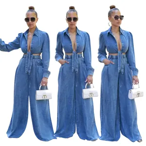 Damen Casual Denim Zweiteiler Langarm Crop Top Zum Binden Und High Waist Jeans Mit Weitem Bein Set