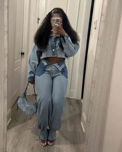 Stylish two-piece denim set with patchwork details, cropped jacket and wide-leg trousers.