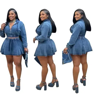 Womens washed denim two-piece skirt set featuring zip-up hoodie and high waist mini skirt