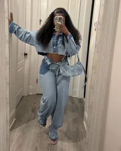Two-piece color-block denim set featuring cropped jacket and wide-leg jogger pants for women