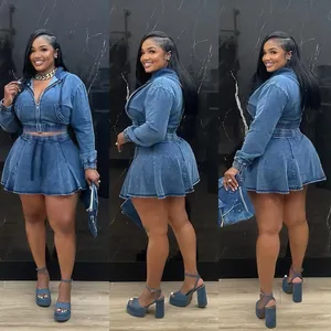Detailed front, side, and back views of a washed blue denim hoodie and skirt set