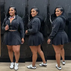 Detailed front, side and back views of the casual washed denim hoodie and skirt set