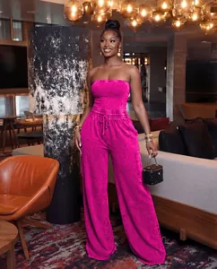 Stylish Western style casual washed pink strapless wide-leg jumpsuit for women