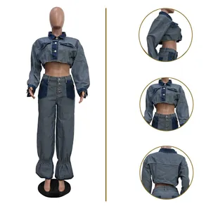 Detailed multi-angle views of a trendy color-block denim set with a cropped jacket.