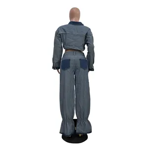 Full back view of women's casual patchwork denim set with unique ruffled hem pants