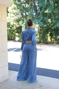 Rückansicht eines stylischen hellblauen Denim-Sets aus bauchfreiem Top und weiter Hose