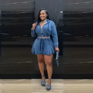 Full view of casual washed denim two-piece set with cropped hoodie and pleated skirt