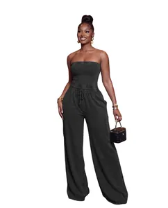 Washed charcoal tube top jumpsuit with elastic drawstring waist and wide-leg trousers