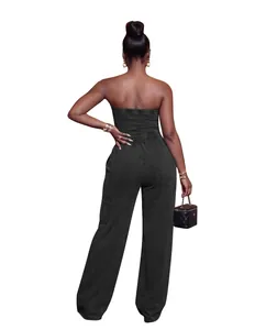 Back view of a casual washed charcoal tube top jumpsuit with wide-leg pants design