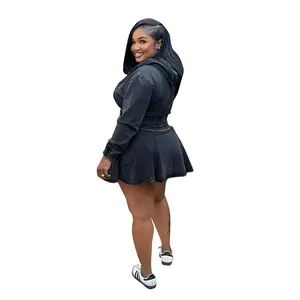 Trendy washed black denim two-piece set featuring a cropped hoodie and mini skirt