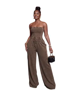 Washed brown tube top wide leg jumpsuit shown in a full-length studio shot for women