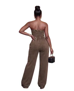 Back view of a vintage brown washed strapless jumpsuit with wide leg and cargo pockets.