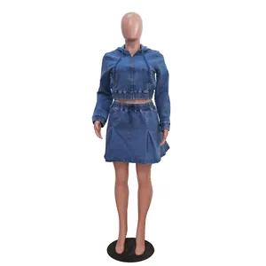 Full front view of women's washed denim hooded jacket and skirt set on mannequin